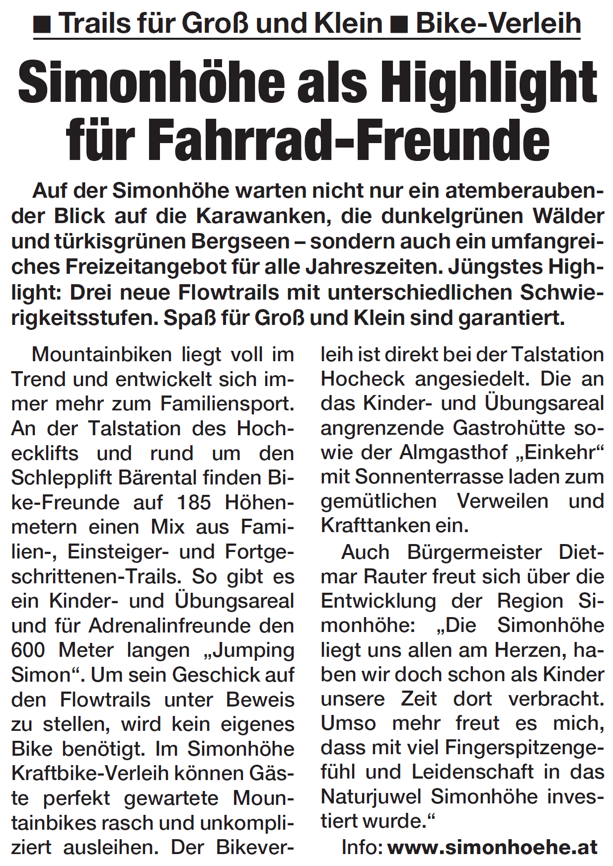 Artikel in der Kronen Zeitung über die Simonhöhe