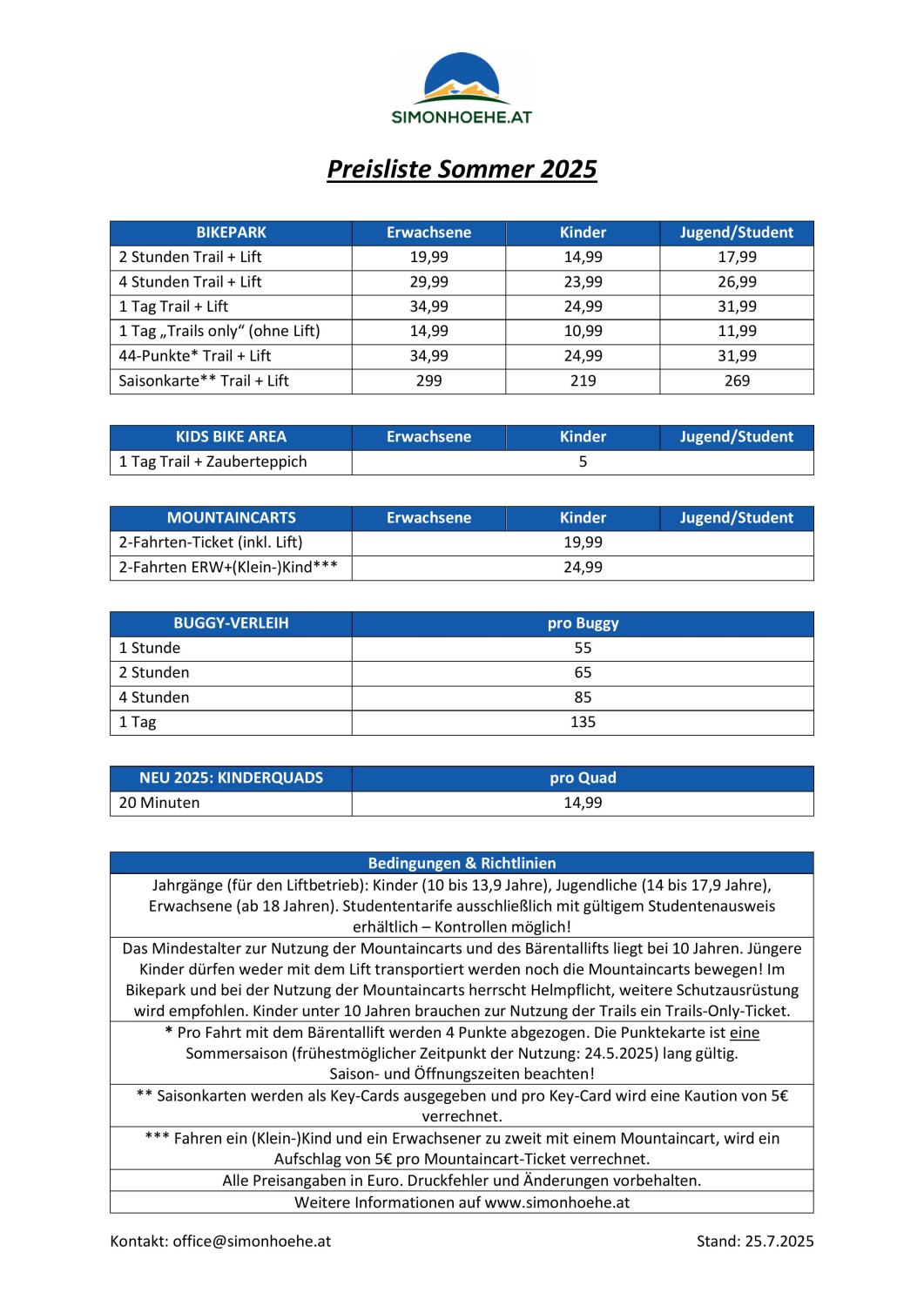 Preise und Tarife 1 Preisliste Bikepark 2025