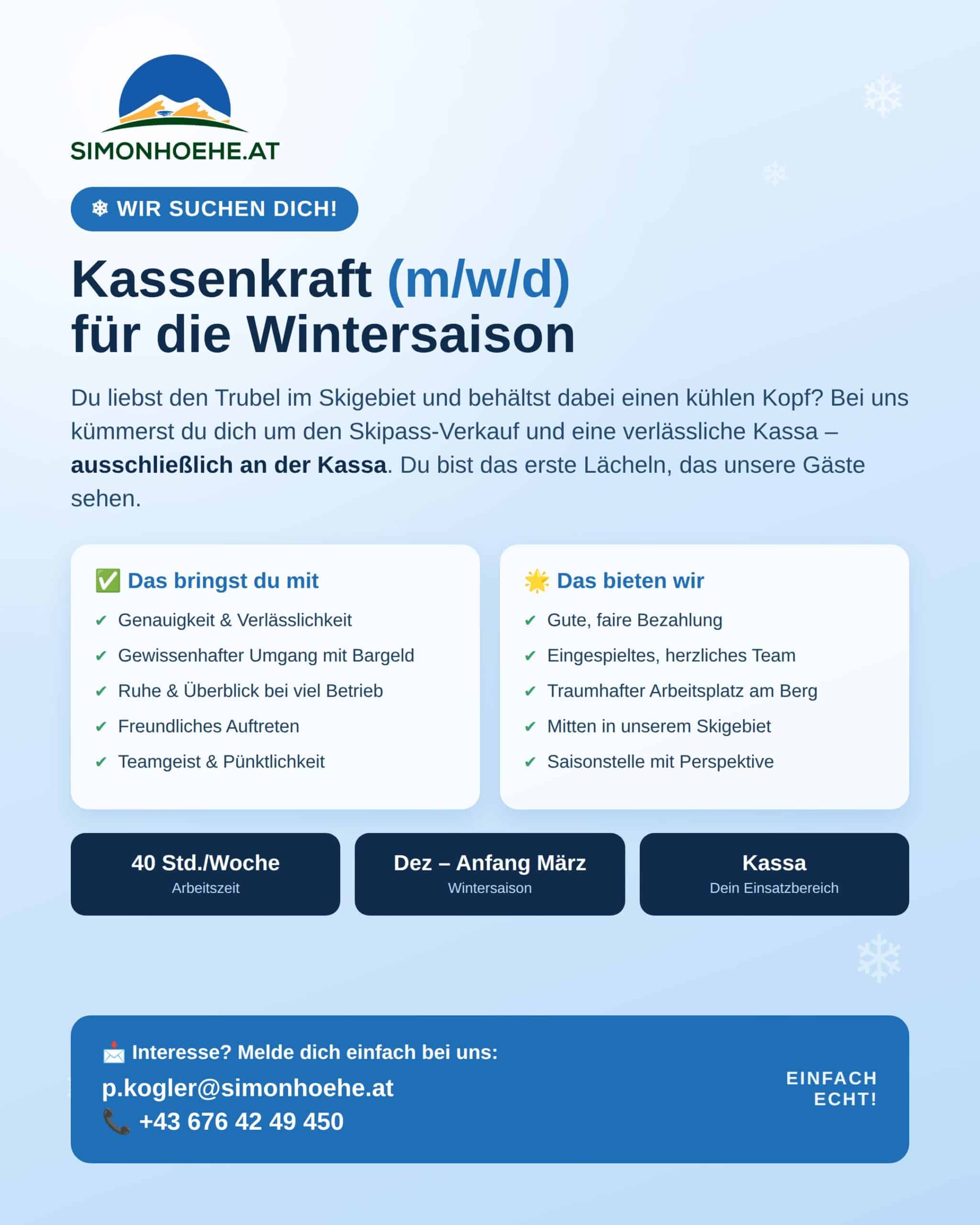 Kassenkraft (m/w/d) für die Wintersaison auf der Simonhöhe – 40 Std./Woche, Dezember bis Anfang März